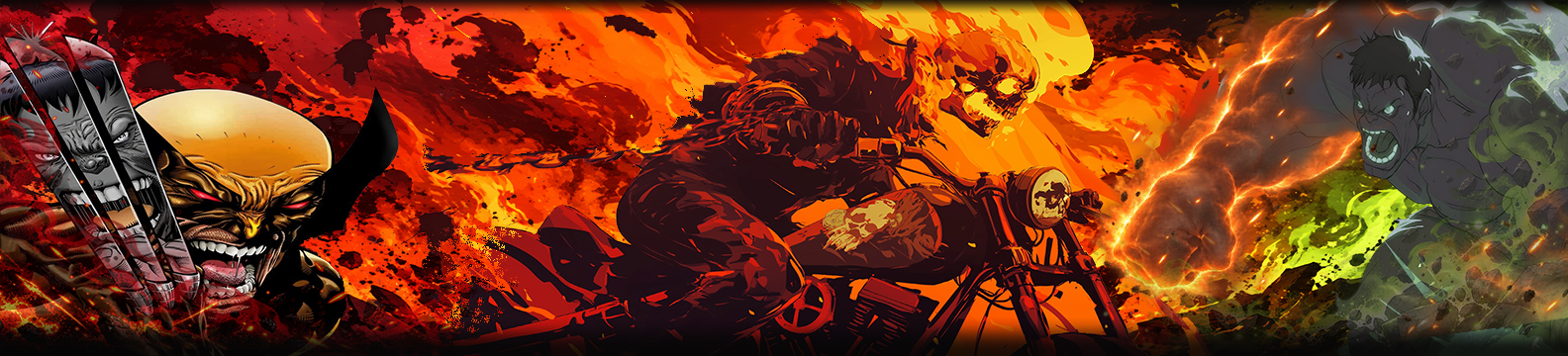 Ghost Rider charging through flames with Wolverine and Hulk on the bottom-screen panel for a custom Avengers arcade build