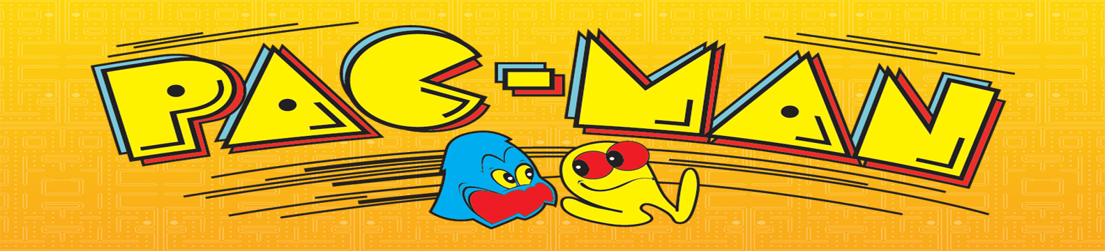 Bright yellow Pac-Man marquee artwork with Pac-Man and a ghost ready for the classic arcade build